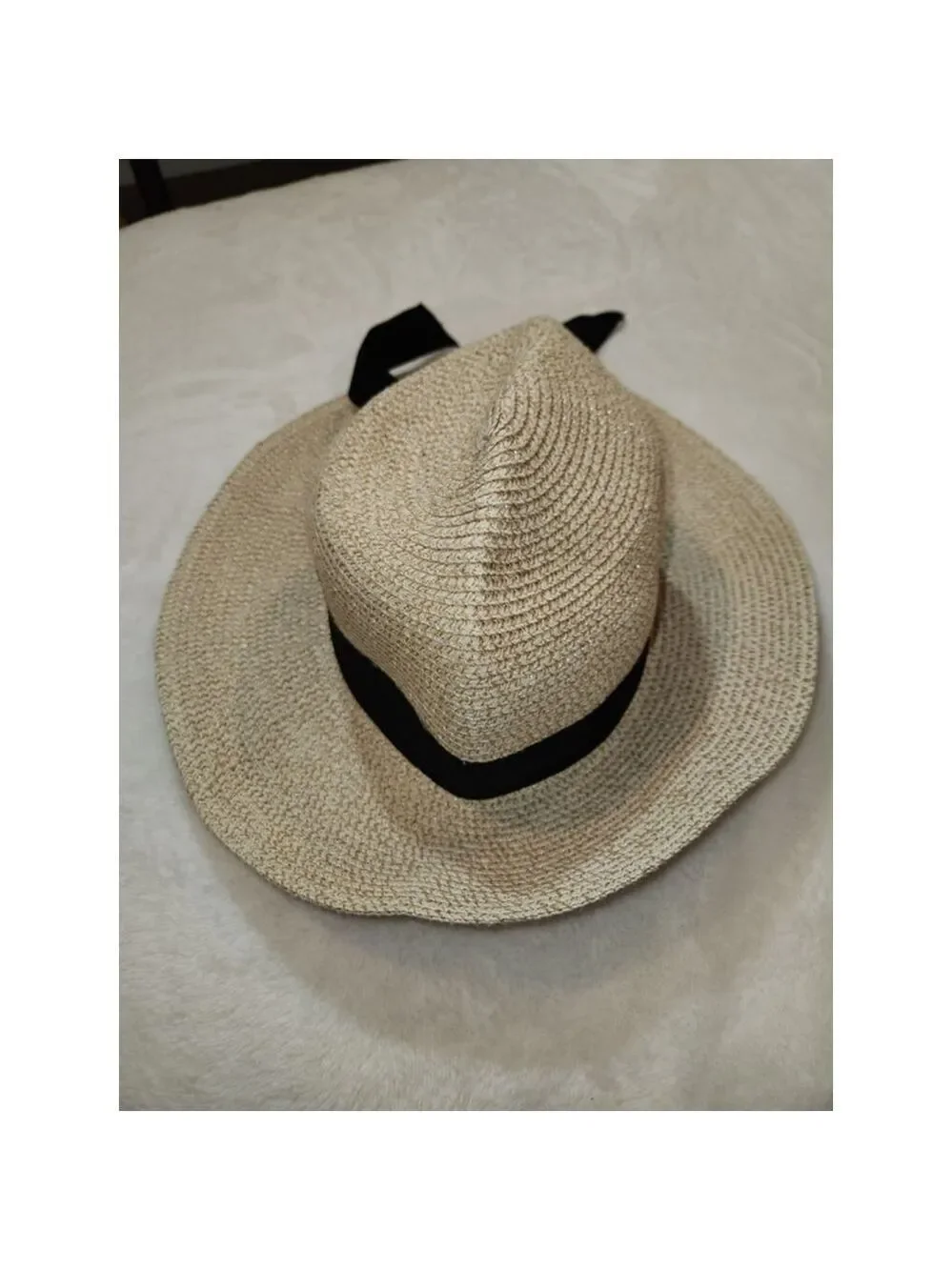 FURTALK Beige Straw Hat Size L Woven Black Ribbon